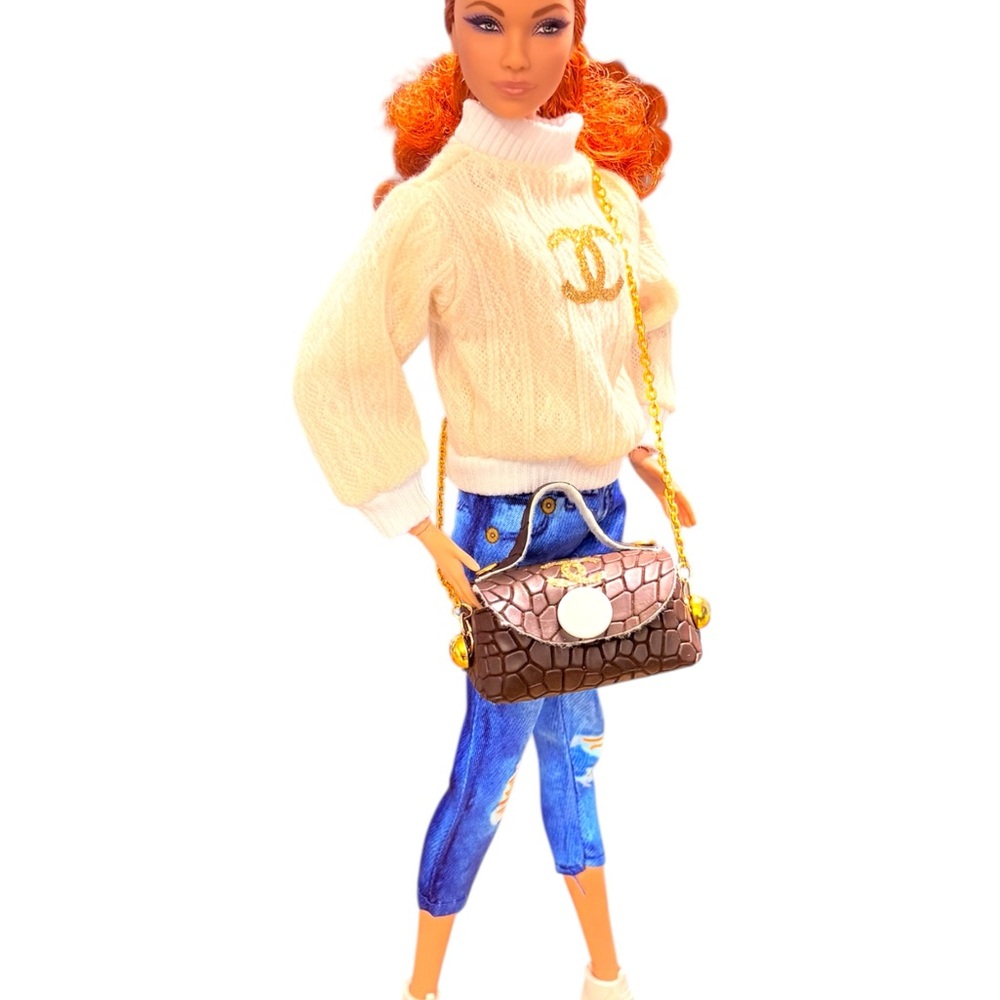 Fashion Doll in Cream Sweater & Blue Jeans with Brown Handbag - Picture 2 of 9